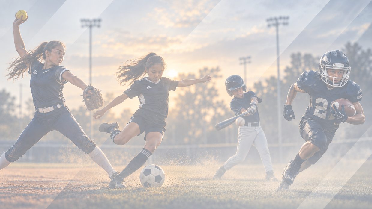 Four young athletes at golden hour: a softball pitcher winding up, a soccer player striking the ball, a batter making contact, and a running back breaking away.